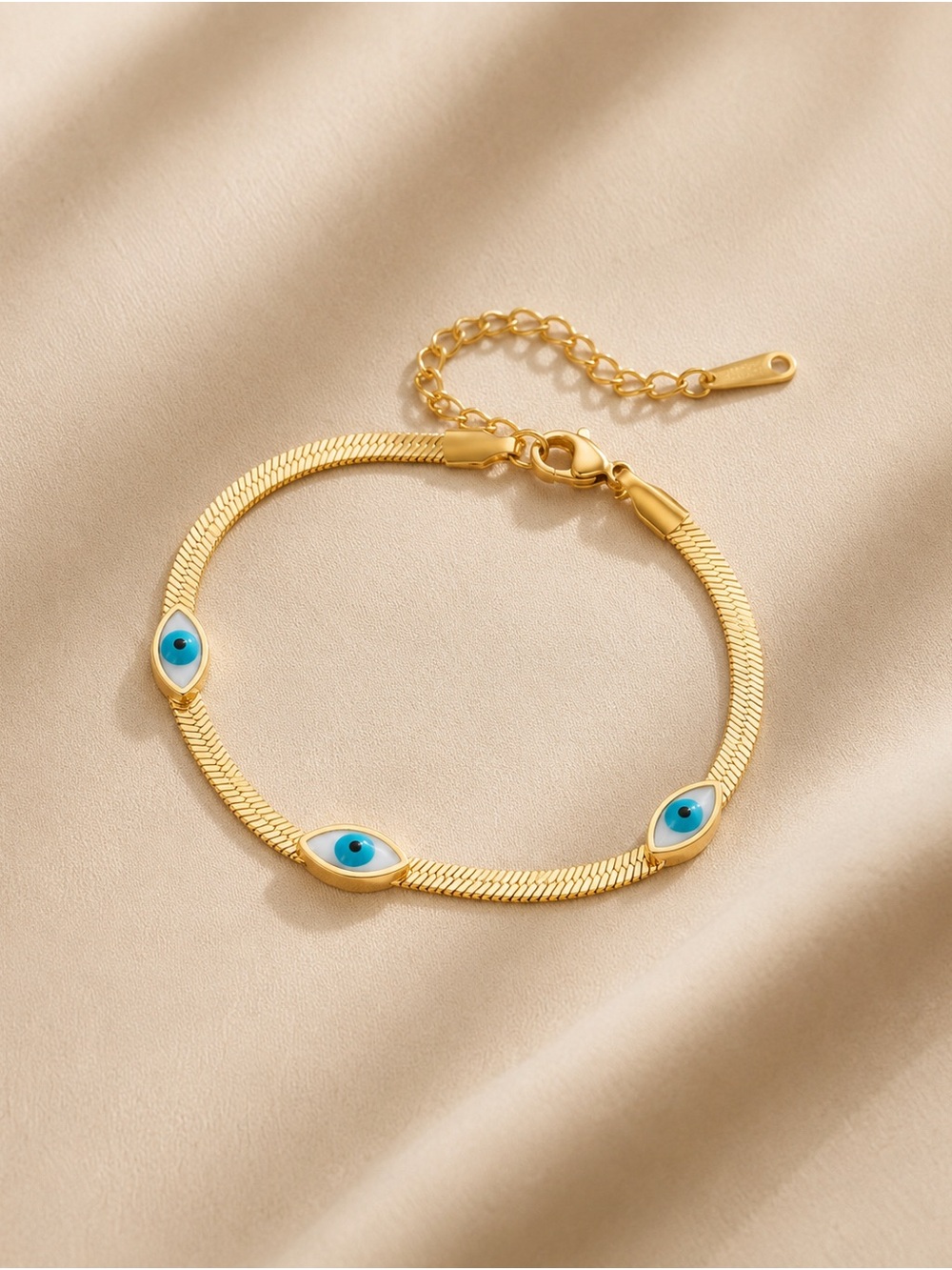 Gold Tone Triple Evil Eye Herringbone Chain Bracelet